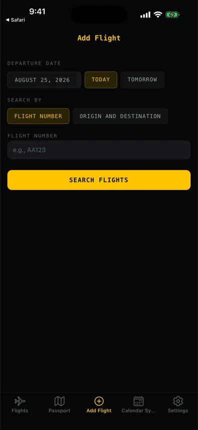Pantalla para agregar un vuelo en FlightFriend