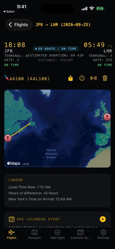Detalles de un vuelo con mapa en FlightFriend