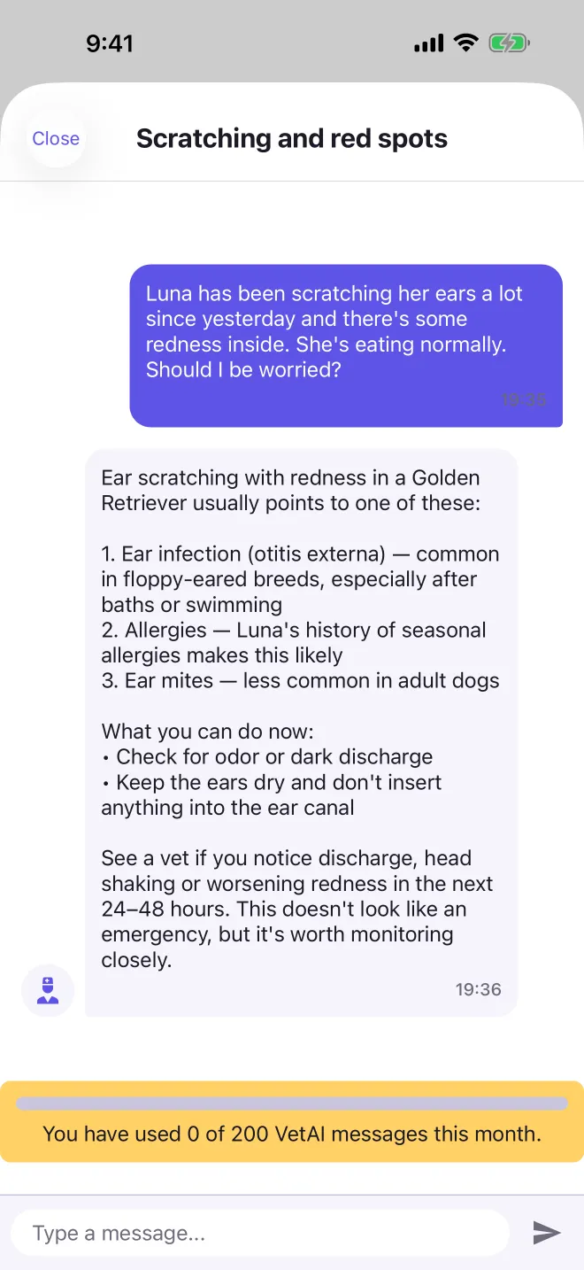 Chat de Vet AI en PetBook